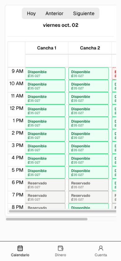 Calendario del día en el celular con las canchas reservadas