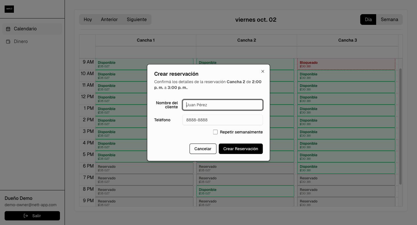 Formulario para crear una reserva a nombre de un cliente