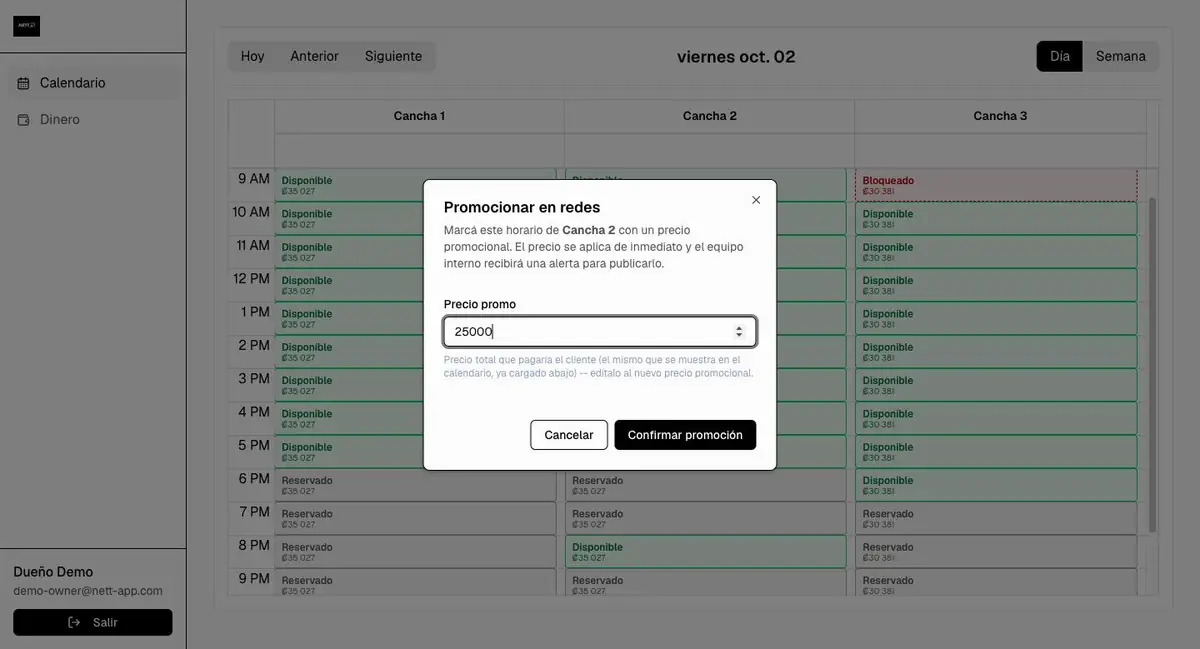 Animación: promocionar un horario libre con un precio especial